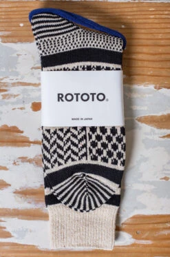 Rototo – Multi Jacquard Crew Socks – Ivory/Black